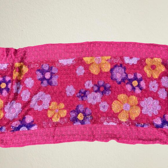 Pink floral scarf with pom pom trim, bohemian hippie retro boho chic Y2K groovy - Picture 3 of 9